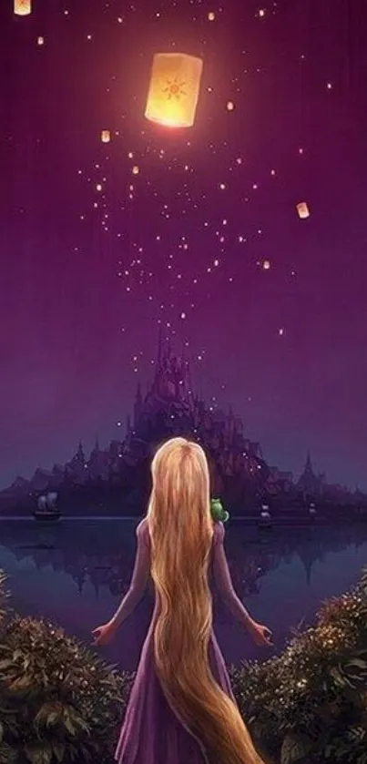 A figure gazes at lanterns rising in a purple night sky over a distant castle.