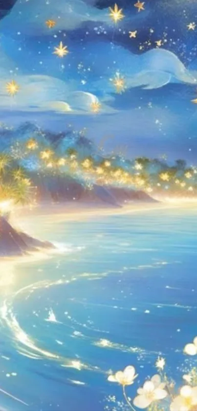 A serene night sky over a tranquil, starry seaside.