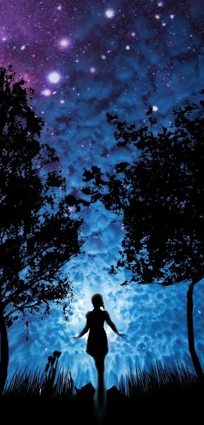 Silhouetted figure and trees under a starry, blue night sky wallpaper.