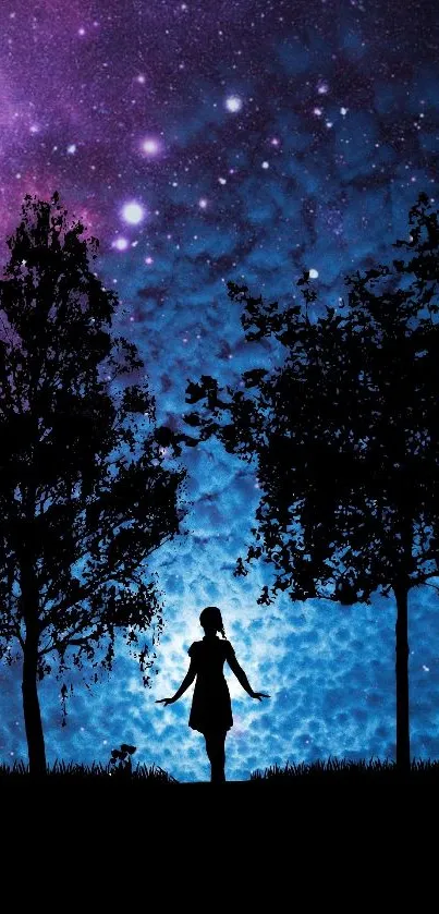 Silhouette against a starry cosmic sky with vibrant blue and purple hues.