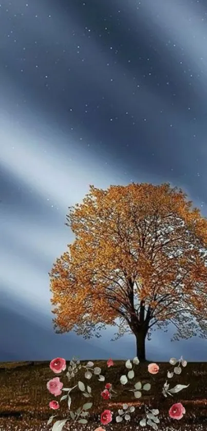 Lone tree under a starry night sky with flowers at the base.