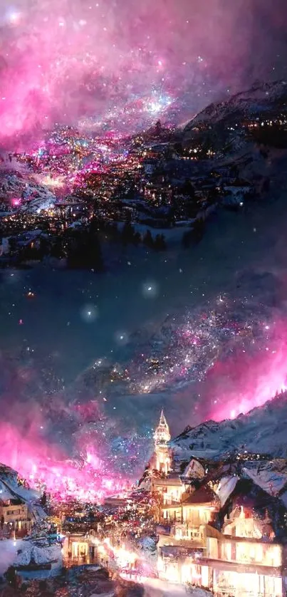 Magical village under a vibrant, starry pink night sky.