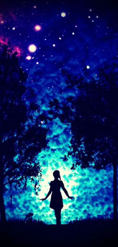 Enchanting silhouette under a starry night sky with cosmic hues and trees.