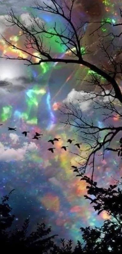 Vibrant night sky with silhouetted birds and colorful clouds.