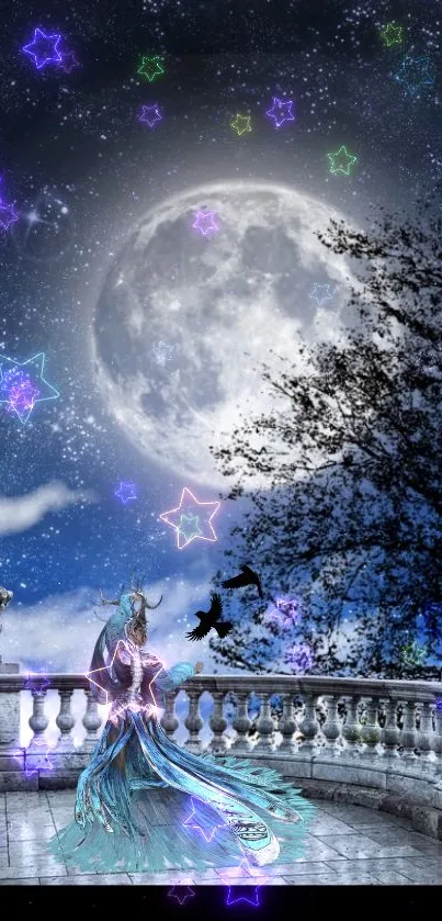 Mystical fairy in a starry night with full moon on a terrace scene.