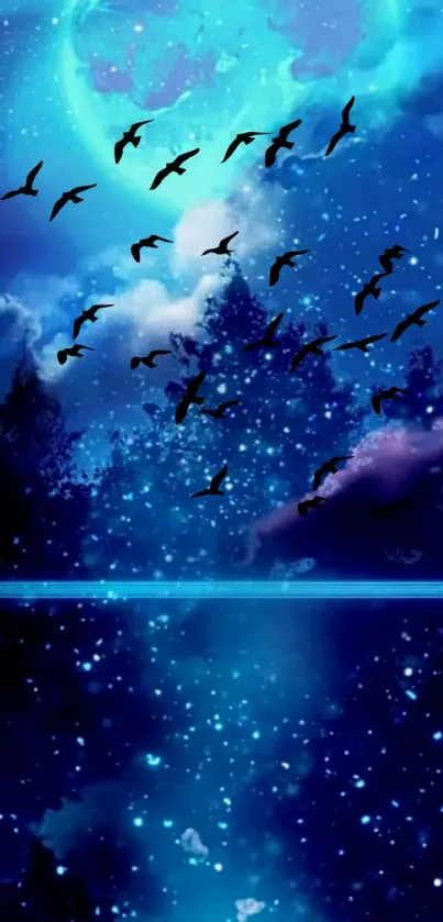 Enchanting night sky with a glowing turquoise moon and stars.