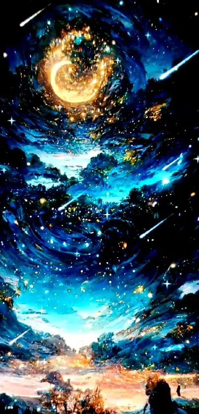 Enchanting night sky wallpaper with crescent moon and stars.