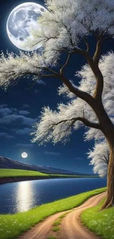 Moonlit path by a river under a night sky with a tree and reflections.