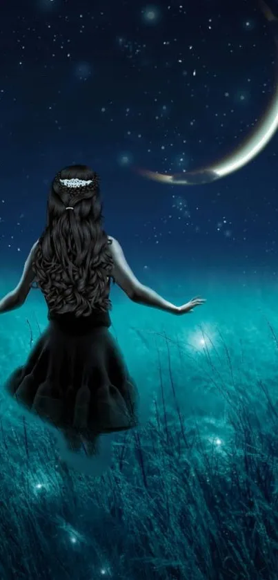 A woman stands under a crescent moon in a starry teal night landscape.