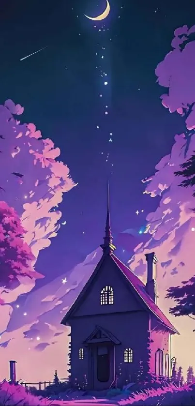 Whimsical cottage under a night sky with crescent moon.