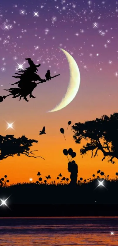 Silhouette of witch flying under a starry sky with a vivid sunset backdrop.