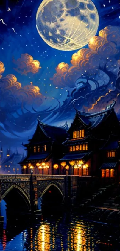 Enchanting night scene with moonlit sky and traditional architecture reflection.