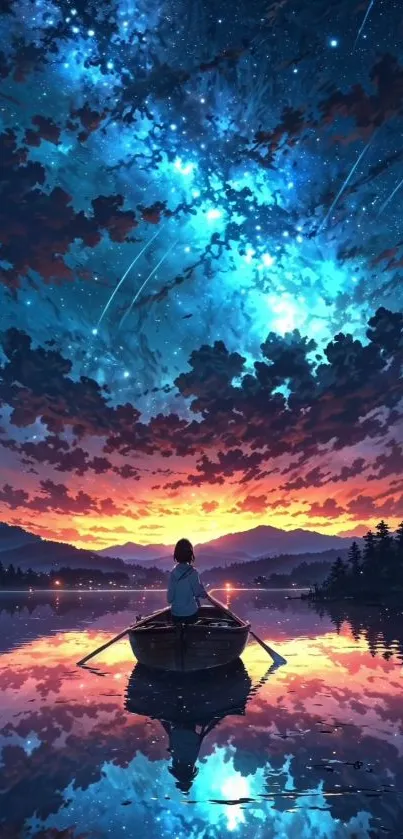 Enchanting night sky over a lake with vibrant sunset and stars.