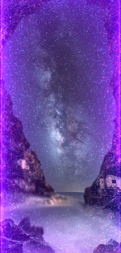 Enchanting purple night sky through a mystical cave.