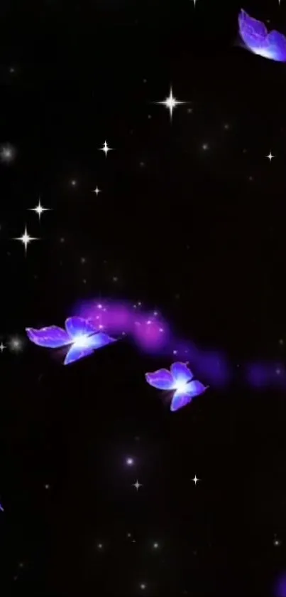 Purple butterflies and stars on a black night sky wallpaper.