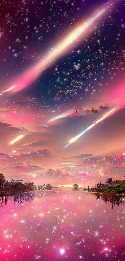 Magical night sky with pink clouds and shooting stars over reflective water.