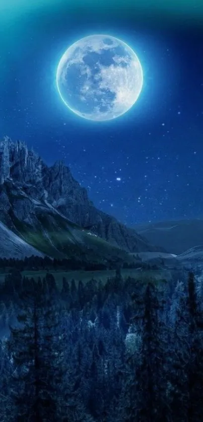 A serene night sky with full moon over mountains and forest.