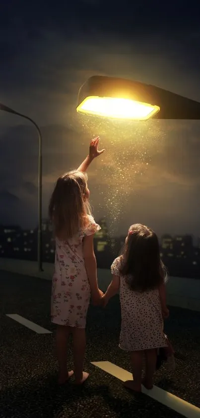 Two girls under streetlamp on a quiet night road.