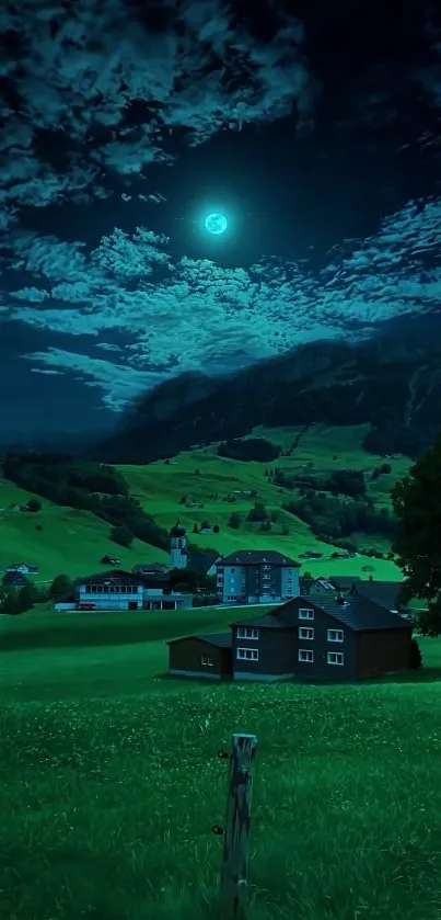 Moonlit valley with green hills and cloudy sky wallpaper.