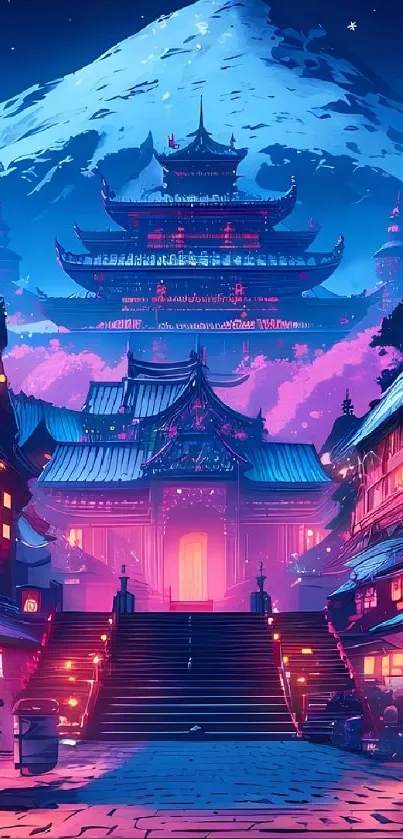 Japanese village at night with cherry blossoms and traditional architecture.
