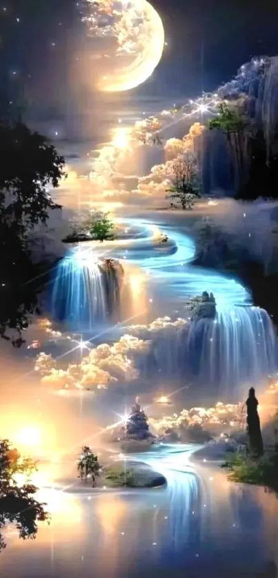 Fantasy night waterfall with glowing moon and serene landscape.