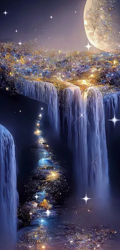 Surreal night waterfall with moonlit glow and cascading water.