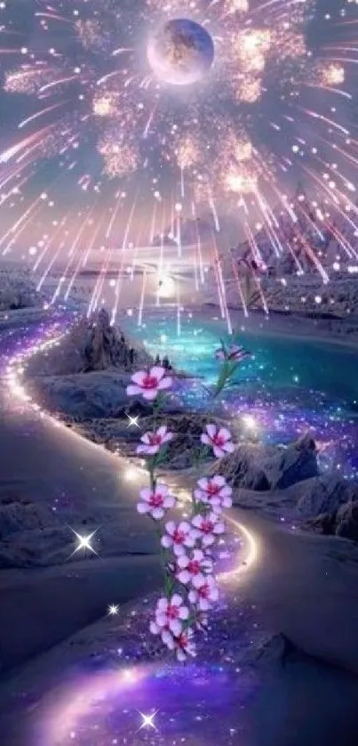 Enchanted landscape with fireworks, river, and blossoms.