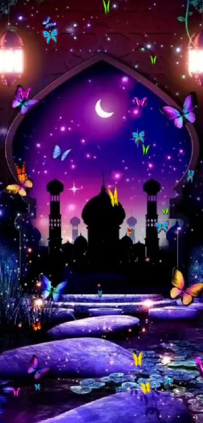 Mystical nightscape wallpaper with butterflies and silhouettes.