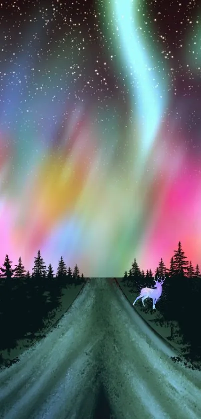 Mesmerizing mobile wallpaper of Northern Lights with a mystical deer.