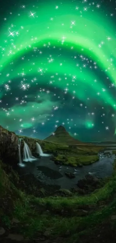 Vibrant green Northern Lights over scenic landscape with stars shining brightly.