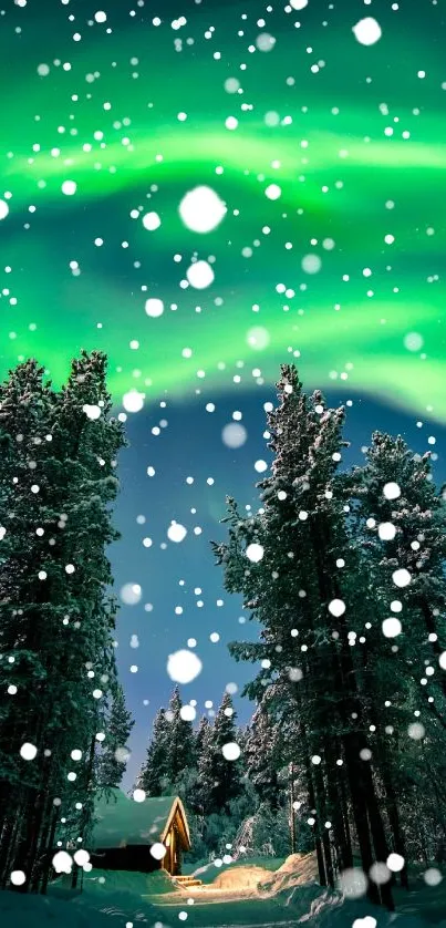 Northern Lights over snowy cabin with trees and sky.