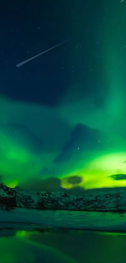 Vibrant green Northern Lights over snowy landscape at night.