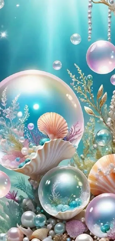 Fantasy underwater scene with bubbles and seashells in teal blue tones.