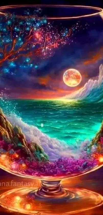 Surreal fantasy seascape in a glass with vibrant colors and cosmic elements.