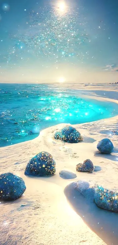 Magical ocean shore with sparkling blue waters under a cosmic sky.