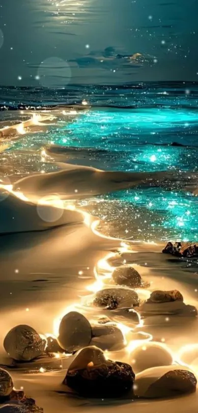 Enchanting ocean glow wallpaper with luminous beach under starry night.