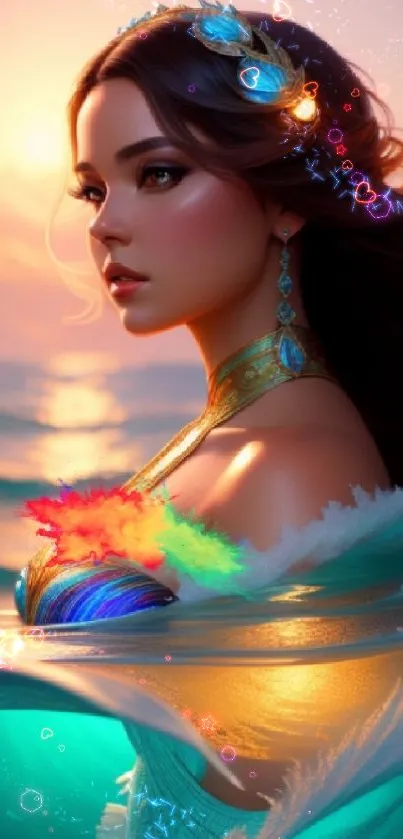 Enchanting ocean goddess with vibrant colors in a serene fantasy setting.