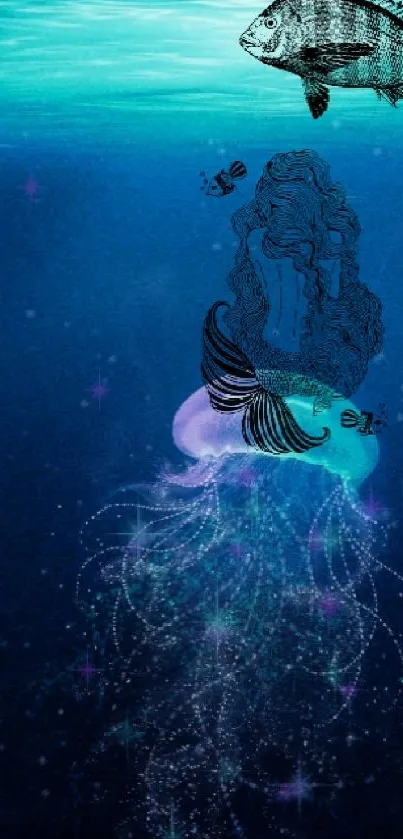 Mystical underwater scene with fish and jellyfish on a dark blue background.