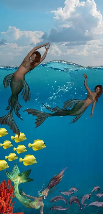 Underwater view with mermaids and colorful fish.