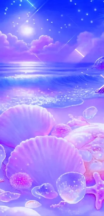 Purple ocean nightscape with seashells and stars.