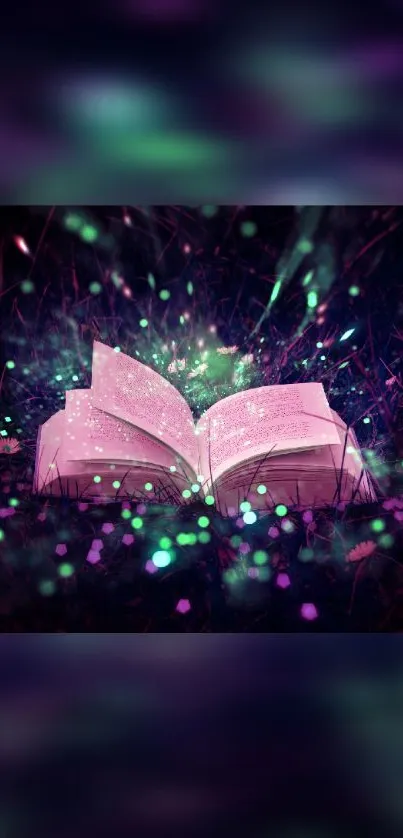 Open book with glowing magical lights and enchanting ambiance in purple hues.