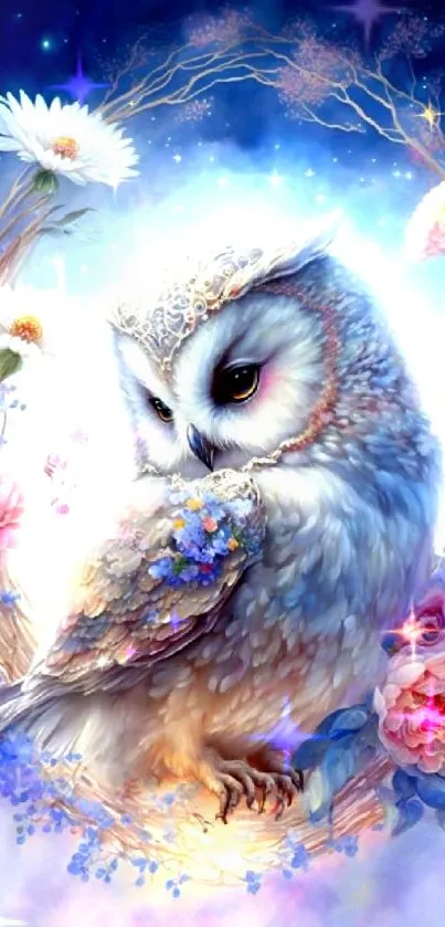 Mystical owl surrounded by flowers in a celestial fantasy setting.