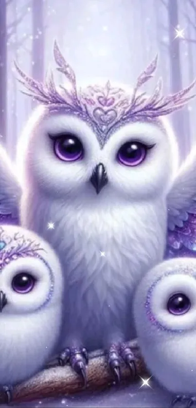 Mystical purple owl family in forest.