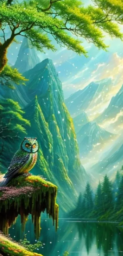 Owl resting on mossy branch in a sunlit green forest.