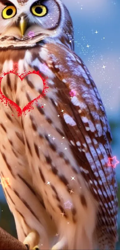 Owl with heart art and stars in a whimsical setting, perfect for mobile screens.