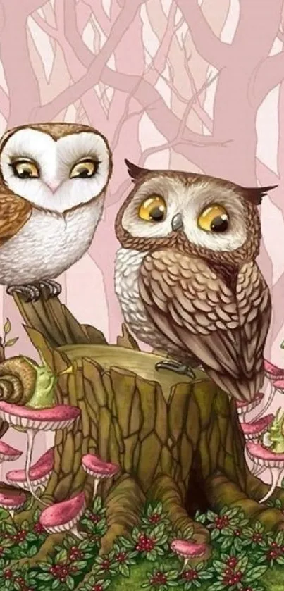 Whimsical illustration of owls in a forest.