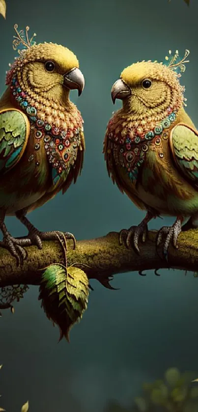 Two intricately designed fantasy birds adorned with jewels on a branch.