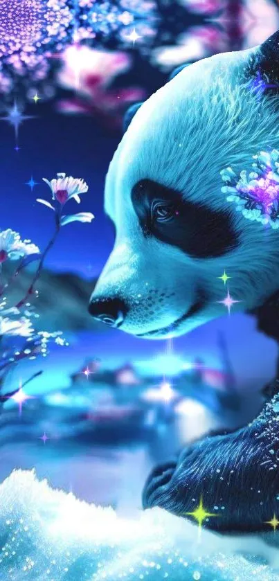 A whimsical panda in a starry, blue fantasy landscape with vibrant flowers.