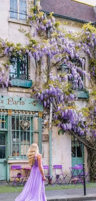 Enchanting Paris street with lavender blooms and vintage architecture.