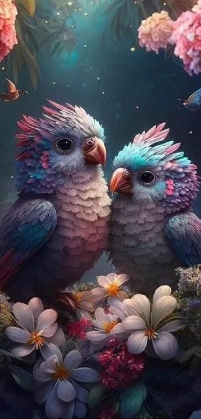 A pair of colorful parrots surrounded by flowers and a mystical forest backdrop.